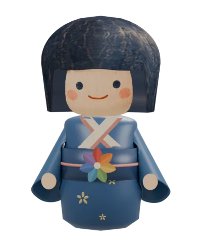 Kokechan, a smiling wooden kokeshi doll in a deep blue kimono with a blue obi and a seven-color flower.